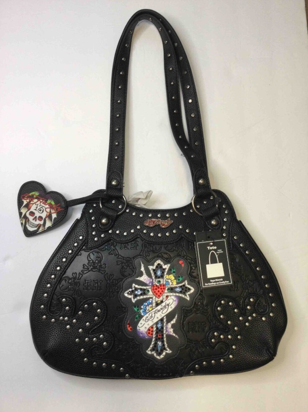Ed Hardy Black Studded Shoulder Tote with Colorful Skull & Heart Motif